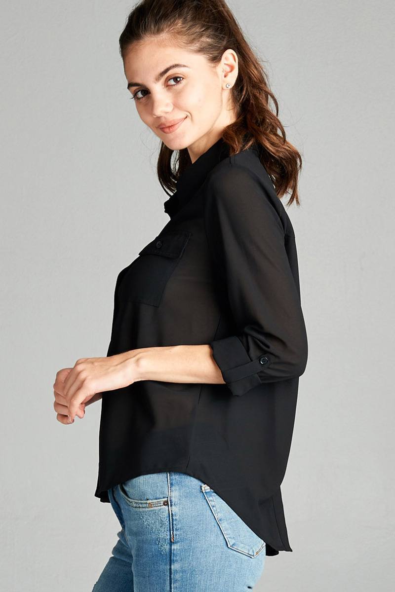 Ladies fashion plus size long sleeve front pocket chiffon blouse w/black button detail