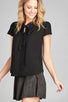 Ladies fashion tulip sleeve v-neck self tie w/eyelet detail front button woven top