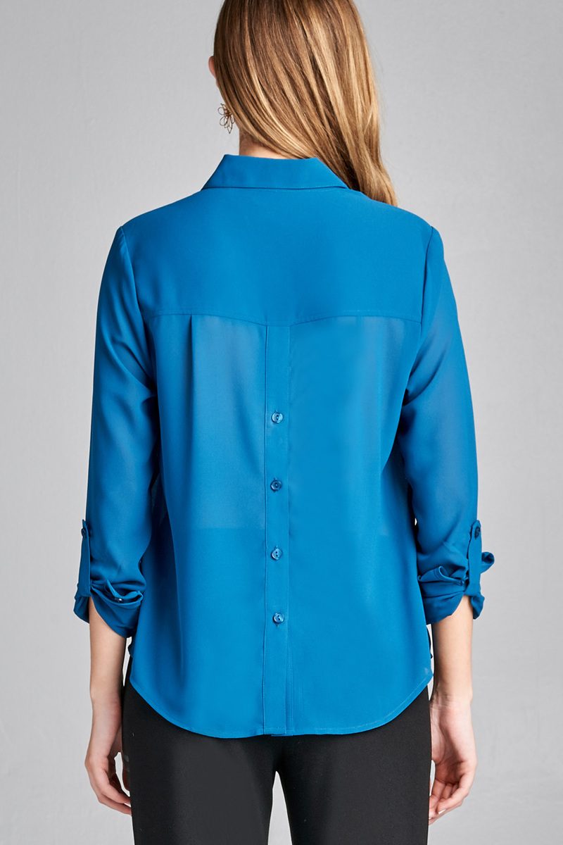 Ladies fashion long sleeve front pocket chiffon blouse w/ back button detail