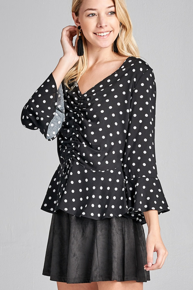 Ladies fashion 3/4 sleeve vneck w/shirring detail flared hem dot print woven top