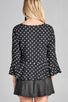 Ladies fashion 3/4 sleeve vneck w/shirring detail flared hem dot print woven top