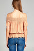 Ladies fashion short sleeve open shoulder smocked detail w/eyelet woven top