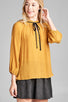 Ladies fashion plus size 3/4 sleeve contrast tie front button detail slub gauze woven top