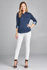 Ladies fashion plus size 3/4 roll up sleeve front pocket detail dot print stretch knit shirts