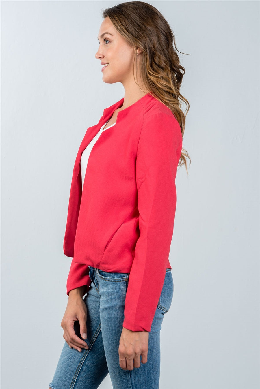 Ladies fashion red open front blazer