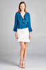 Ladies fashion 3/4 bell sleeve wrap w/ruffle side tie closure flare bottom wool dobby woven top