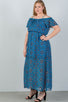 Ladies fashion plus size blue & floral print cold shoulder maxi dress