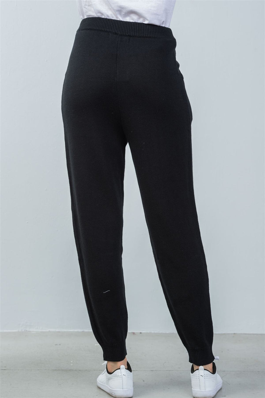 Ladies fashion elasticized ribknit black lounge joggers pants