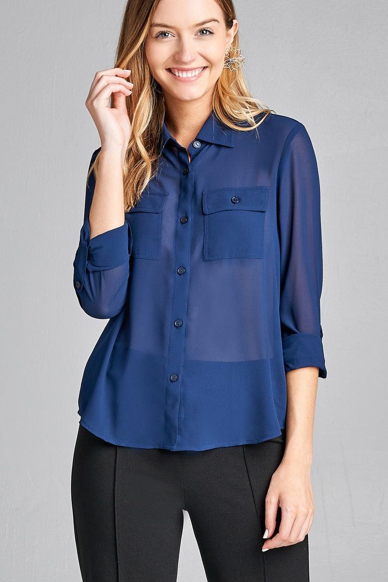 Ladies fashion long sleeve front pocket chiffon blouse w/ back button detail