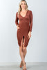 Ladies fashion deep v neckline rust front slit bodycon mini dress