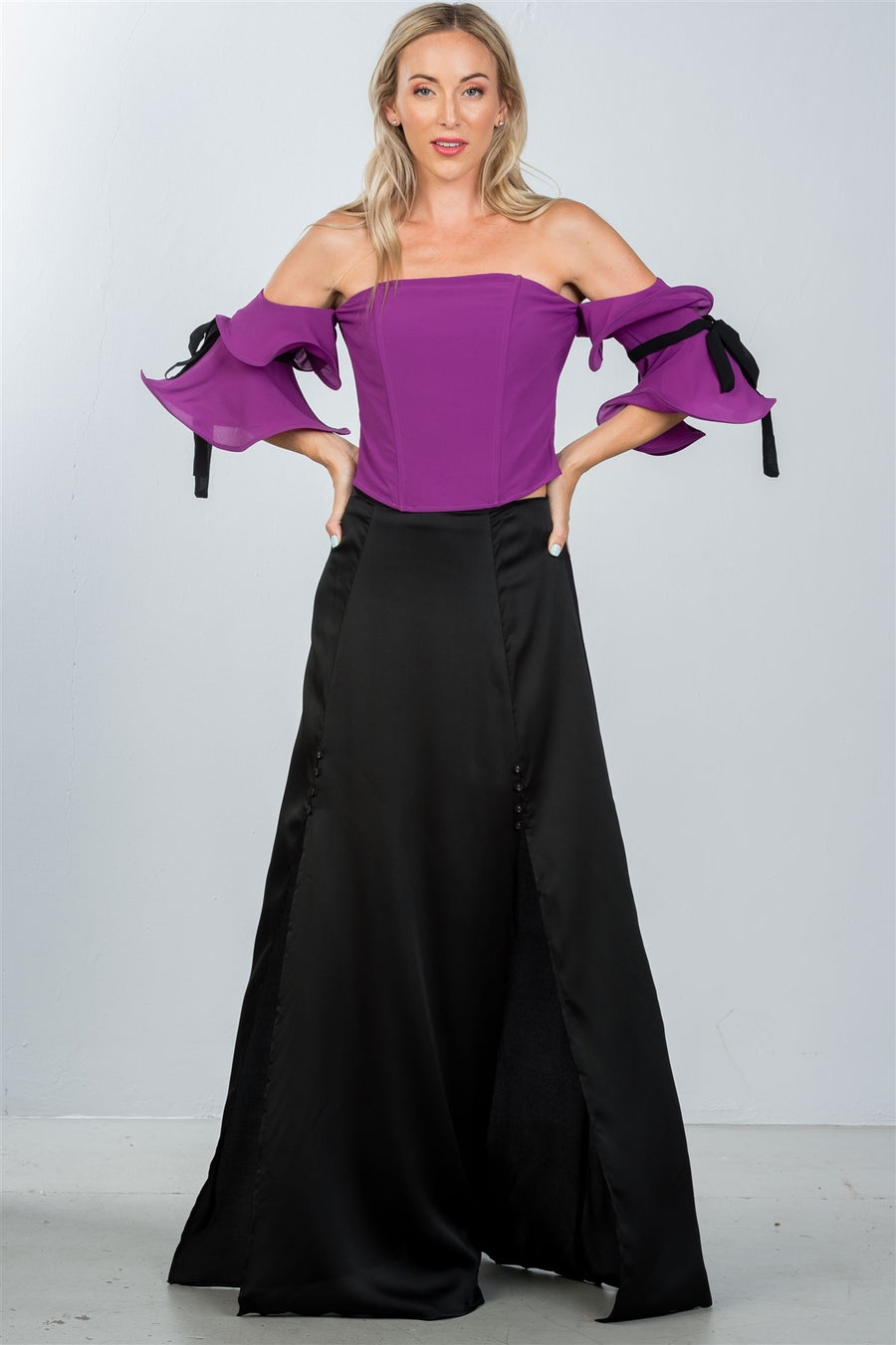 Ladies fashion purple wired ruffle off the shoulder top