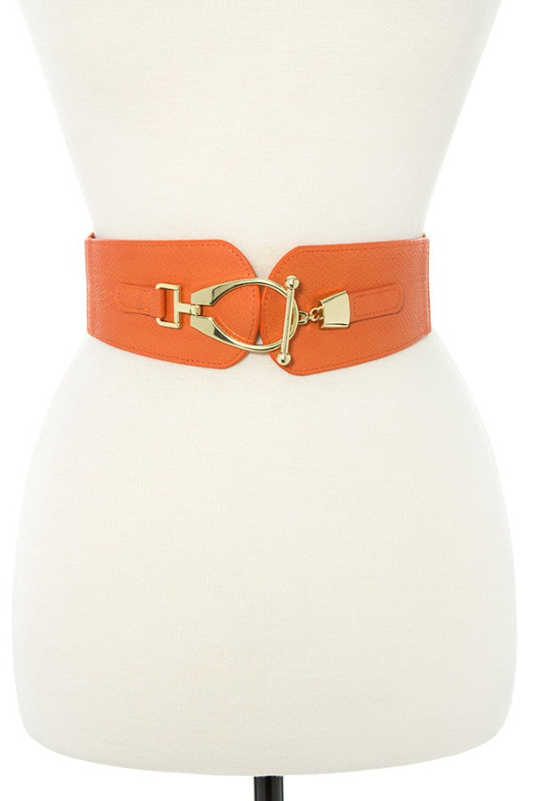 Oval link metal faux leather stretch belt