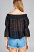 Ladies fashion off the shoulder w/smocked detail floral lace top