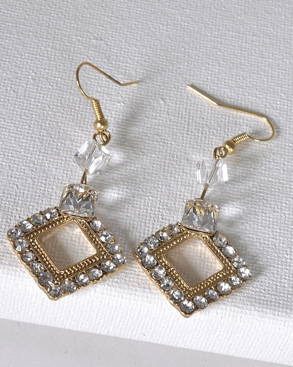 Crystal Studded Rhombus Shaped Earrings with Fishhook