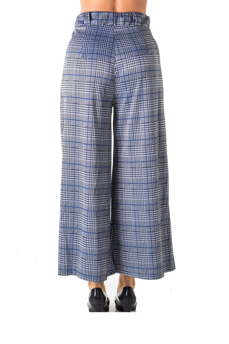 Ladies fashion casual plaid pants, high waist, wide leg & 2 front pockets