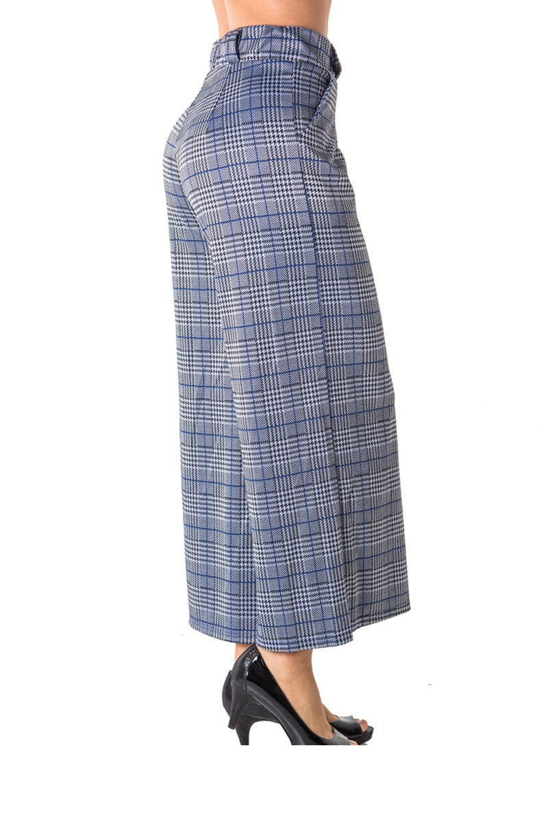 Ladies fashion casual plaid pants, high waist, wide leg & 2 front pockets