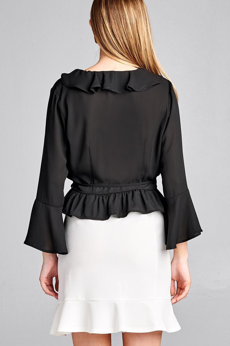 Ladies fashion 3/4 bell sleeve wrap w/ruffle side tie closure flare bottom wool dobby woven top