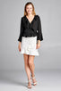 Ladies fashion 3/4 bell sleeve wrap w/ruffle side tie closure flare bottom wool dobby woven top