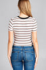 Ladies fashion short sleeve round contrast neck with knotted front crop multi stripe rayon spandex top