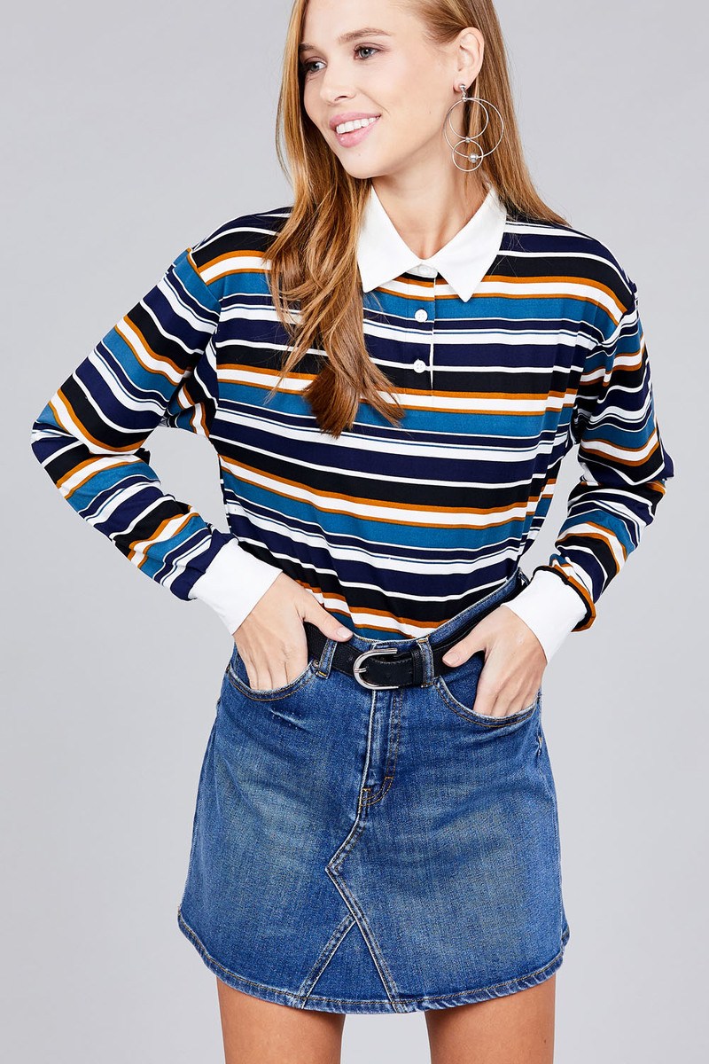 Ladies fashion long sleeve multi striped dty brushed shirts