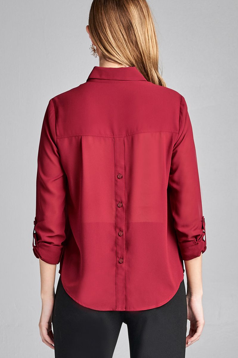 Ladies fashion long sleeve front pocket chiffon blouse w/ back button detail