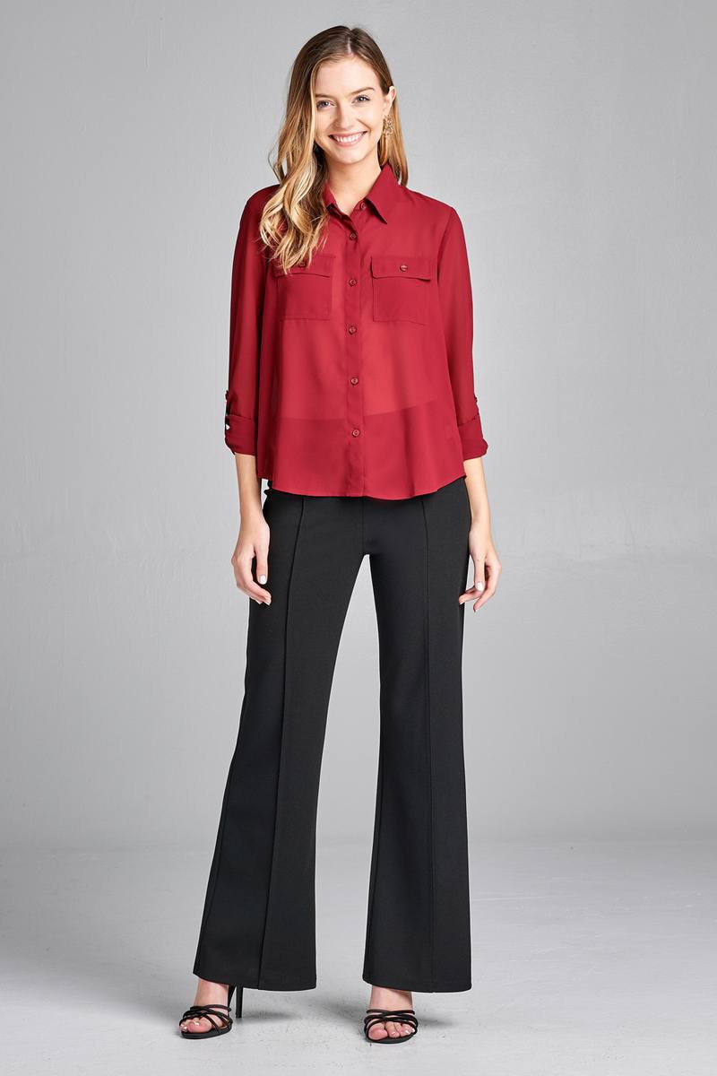 Ladies fashion long sleeve front pocket chiffon blouse w/ back button detail