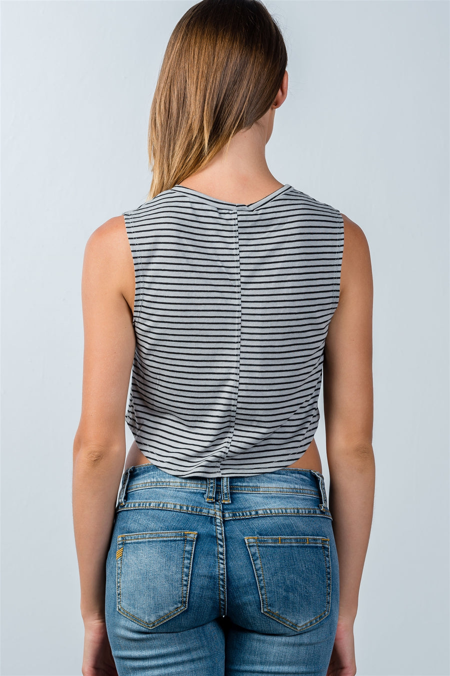 Ladies fashion grey striped curved hem cropped tank top