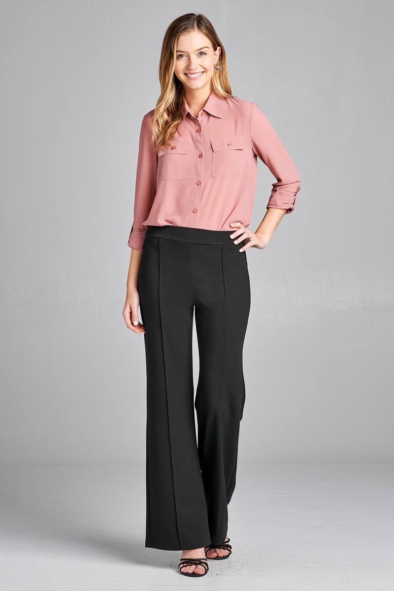 Ladies fashion long sleeve front pocket chiffon blouse w/ back button detail