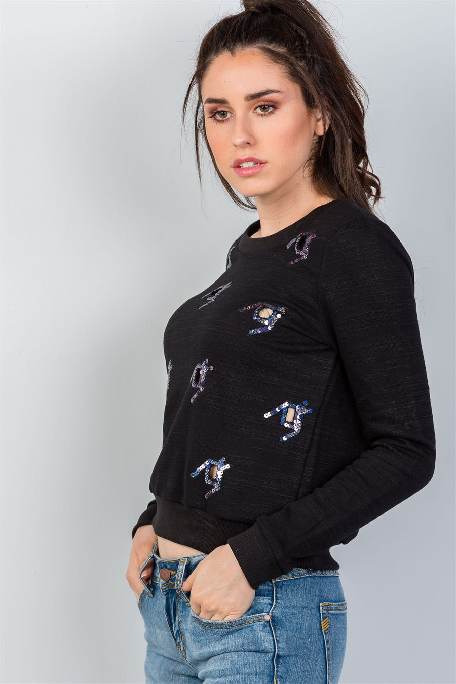 Ladies fashion black hole & sequins knit pullover sweater