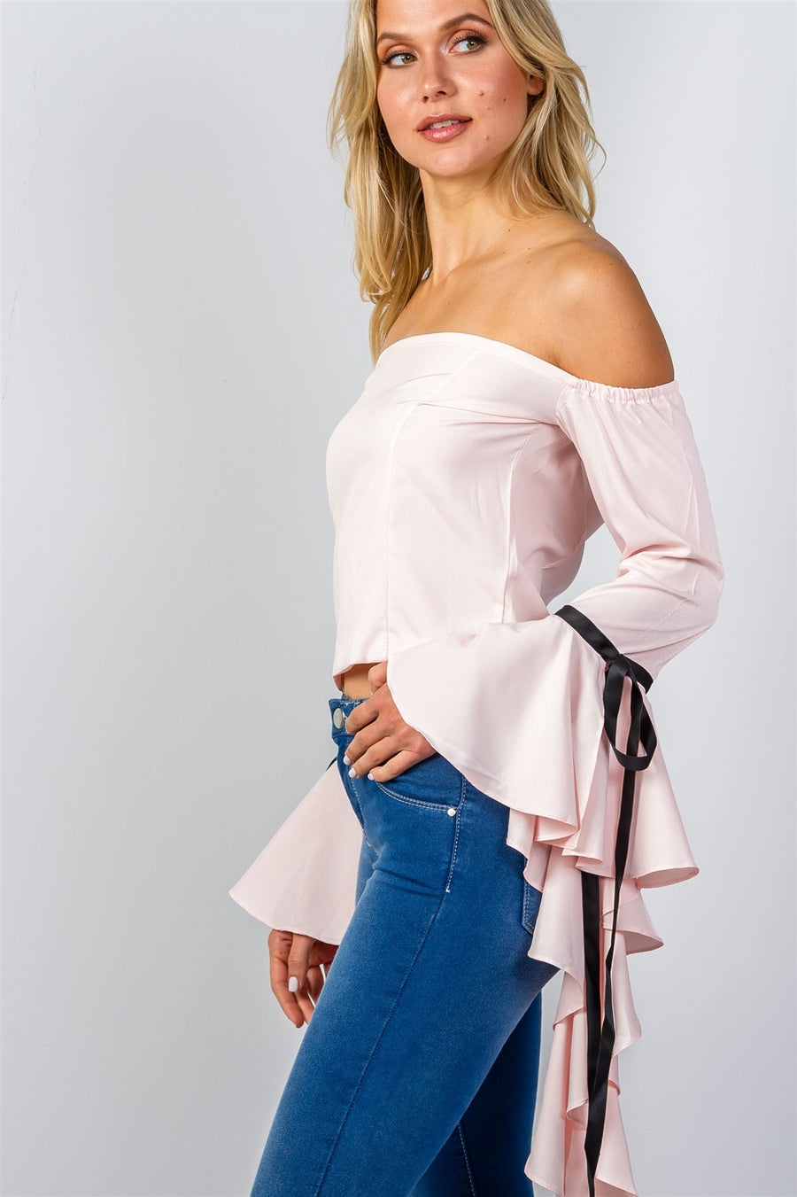 Ladies fashion pink ruffles flare sleeve off the shoulder blouse