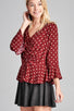 Ladies fashion 3/4 sleeve vneck w/shirring detail flared hem dot print woven top