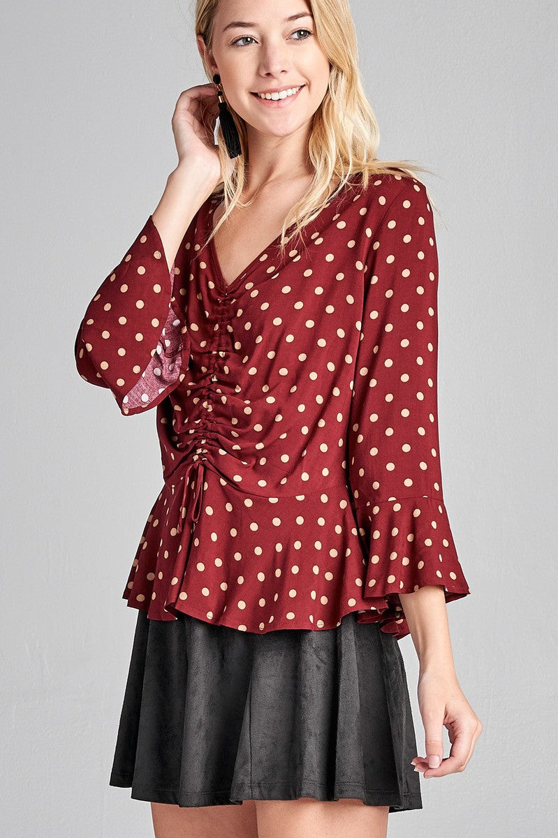 Ladies fashion 3/4 sleeve vneck w/shirring detail flared hem dot print woven top