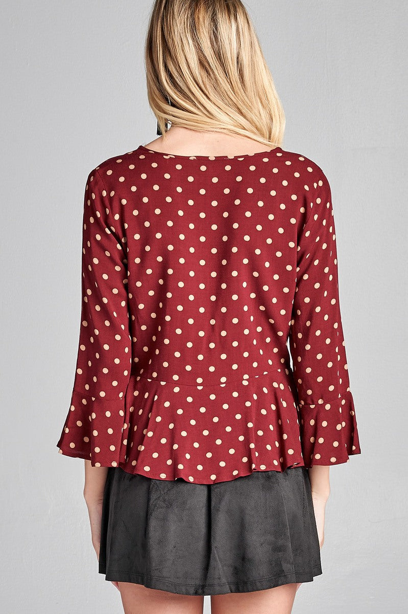 Ladies fashion 3/4 sleeve vneck w/shirring detail flared hem dot print woven top