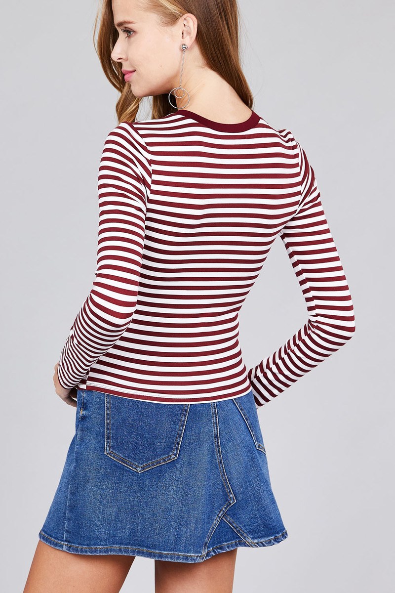 Ladies fashion long sleeve crew neck striped dty brushed top