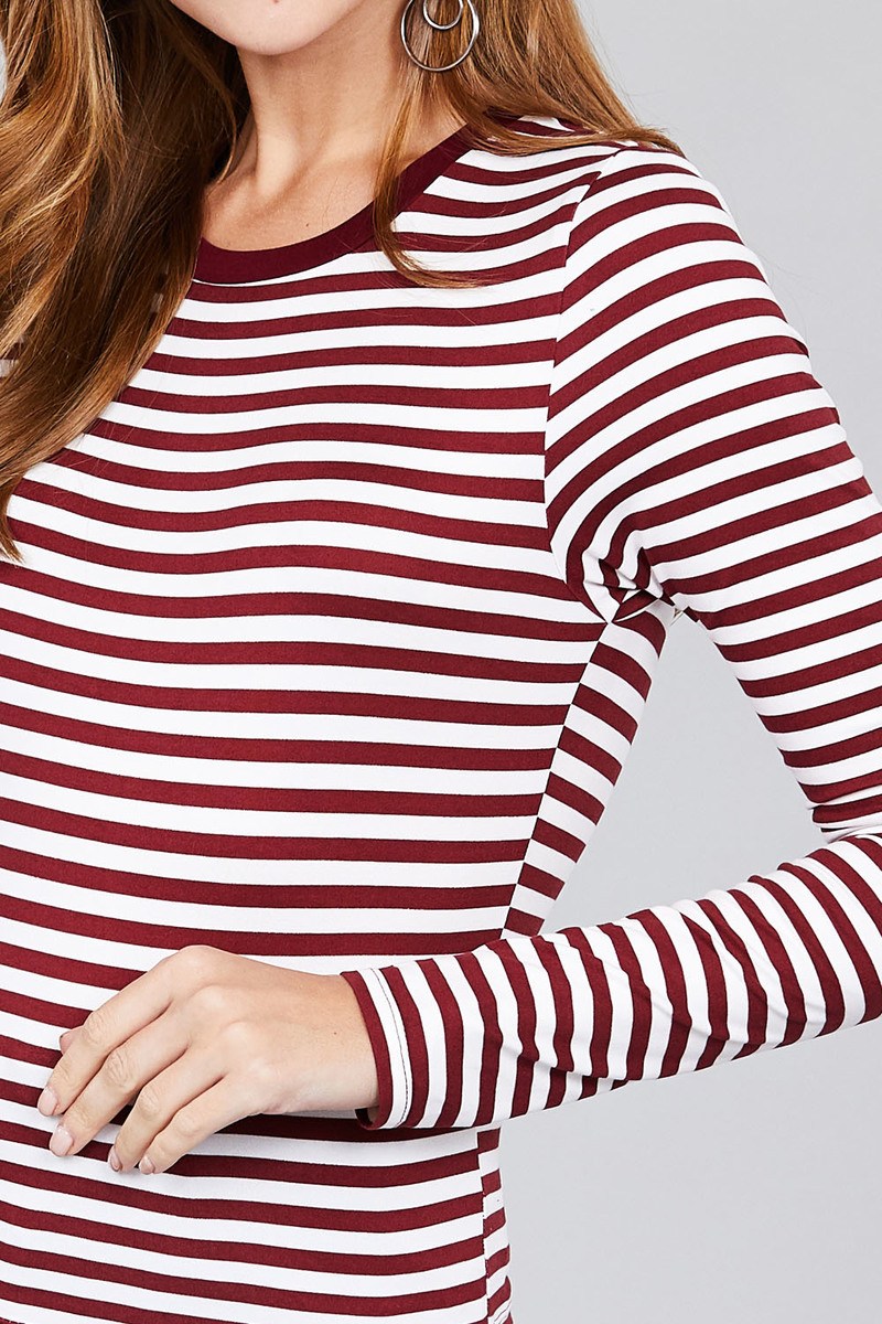 Ladies fashion long sleeve crew neck striped dty brushed top