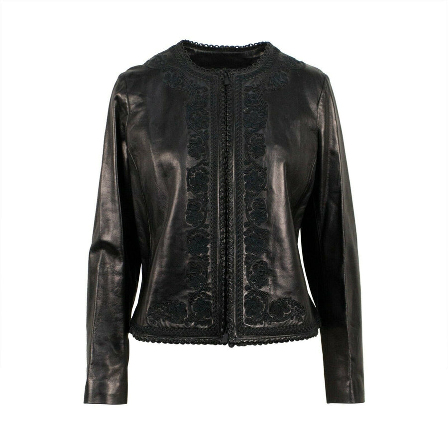 Embroidered Leather Zip Up Jacket - Black