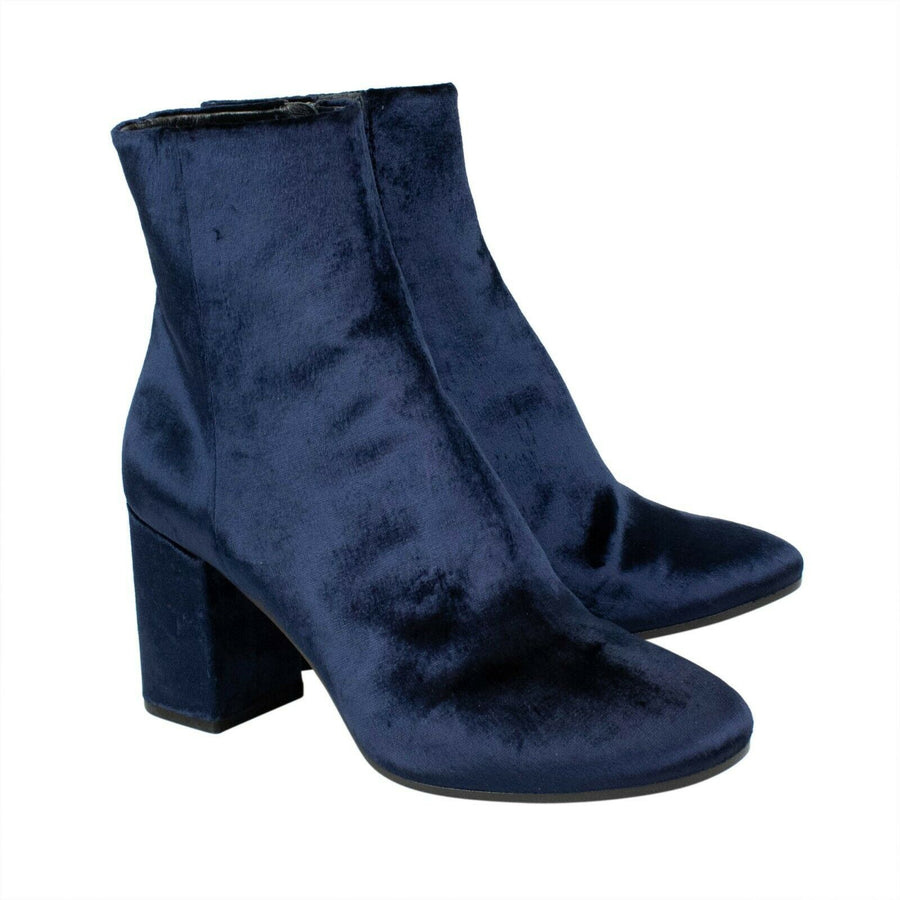 Velvet Block Heel Ankle Boots - Blue