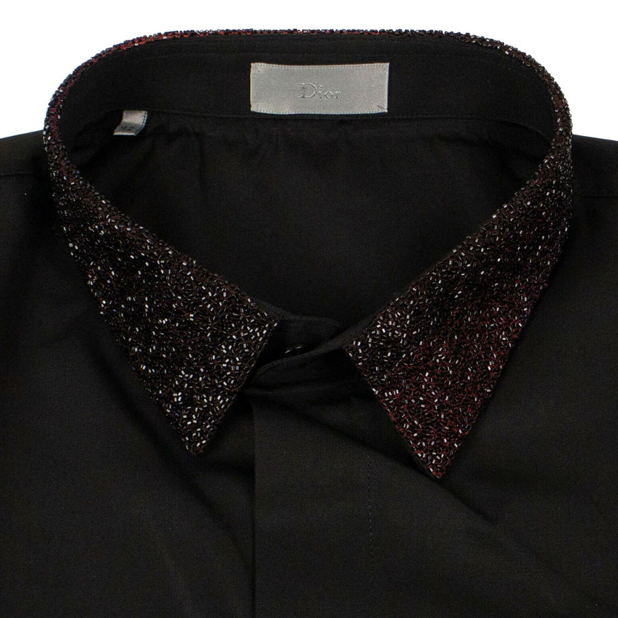 Beaded Collar Cotton Dress Shirt - Black