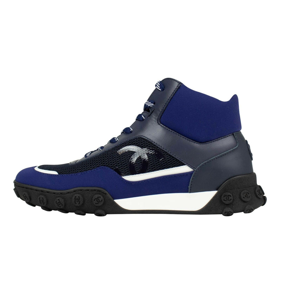 Leather Lycra And Mesh Lace Up Sneakers - Navy Blue