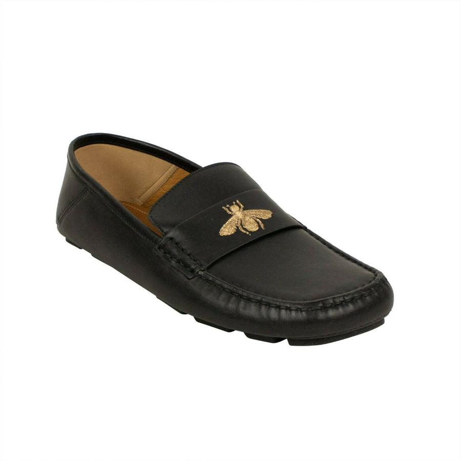 Men's Leather Bee Logo Loafers - Black