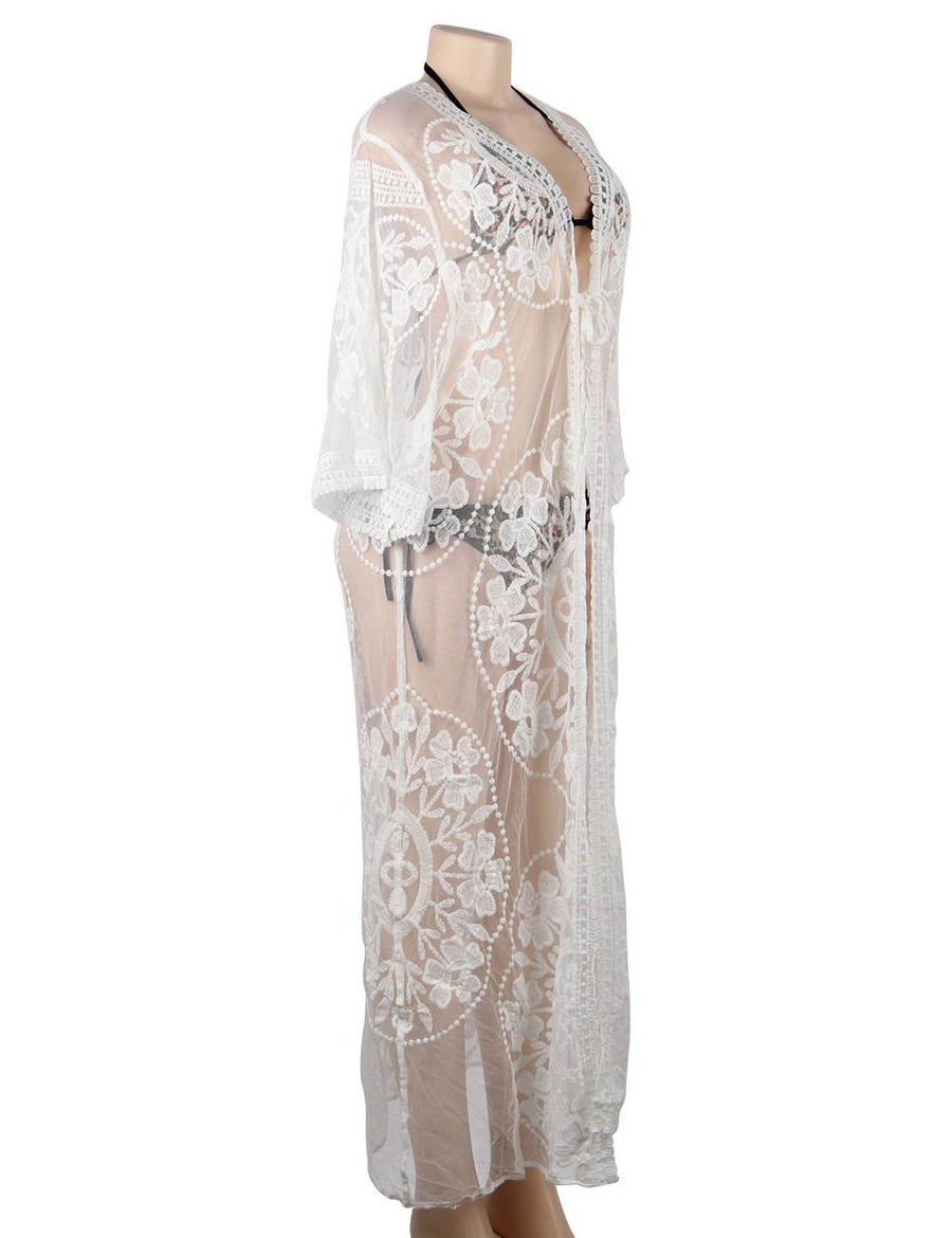 White Delicate Embroidery Long Cardigan Beach Gown