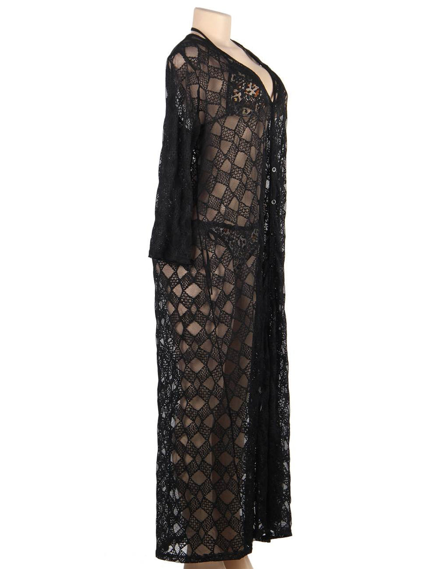 Black Delicate Embroidery Long Cardigan Beach Gown