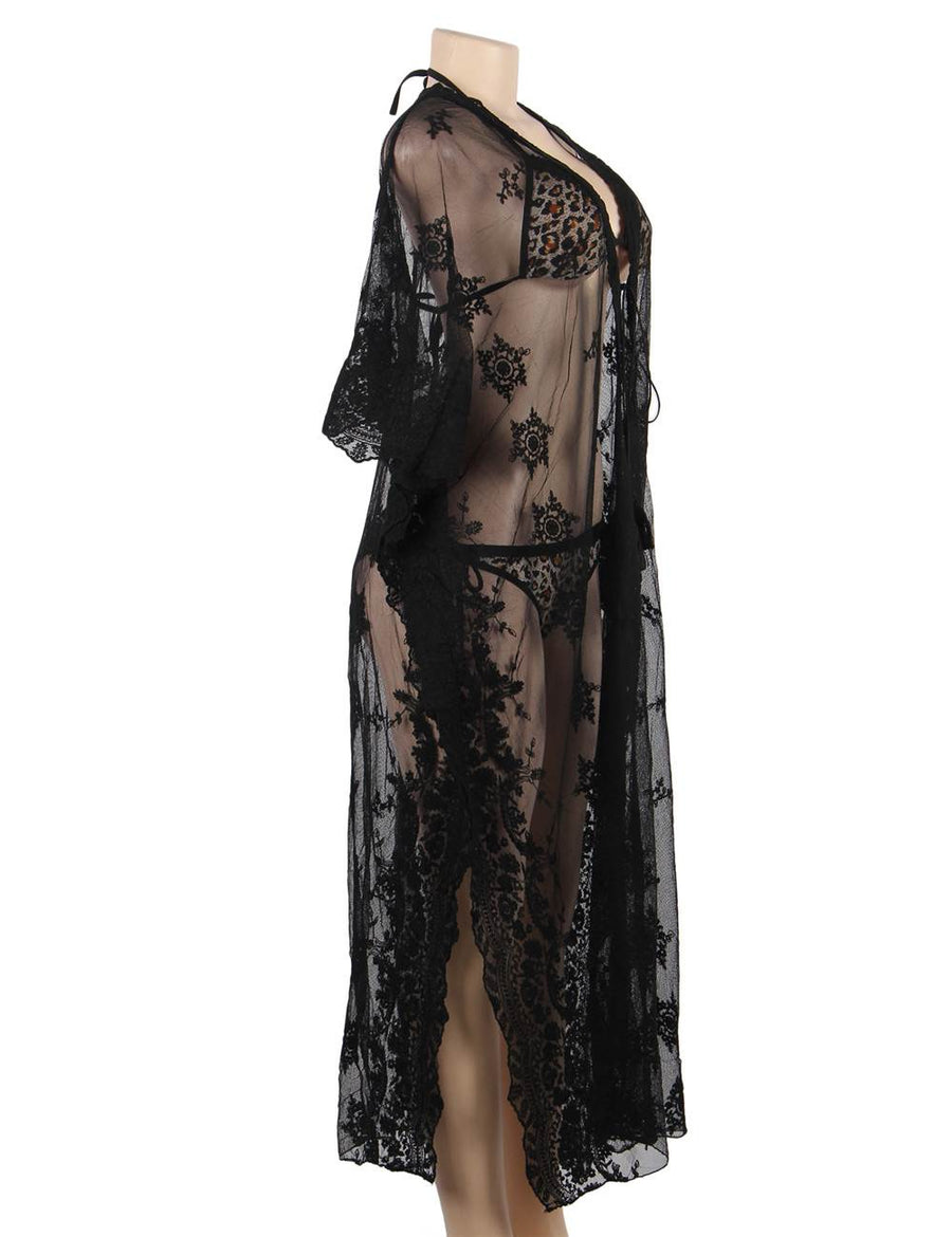 Black Delicate Embroidery Long Cardigan Beach Gown