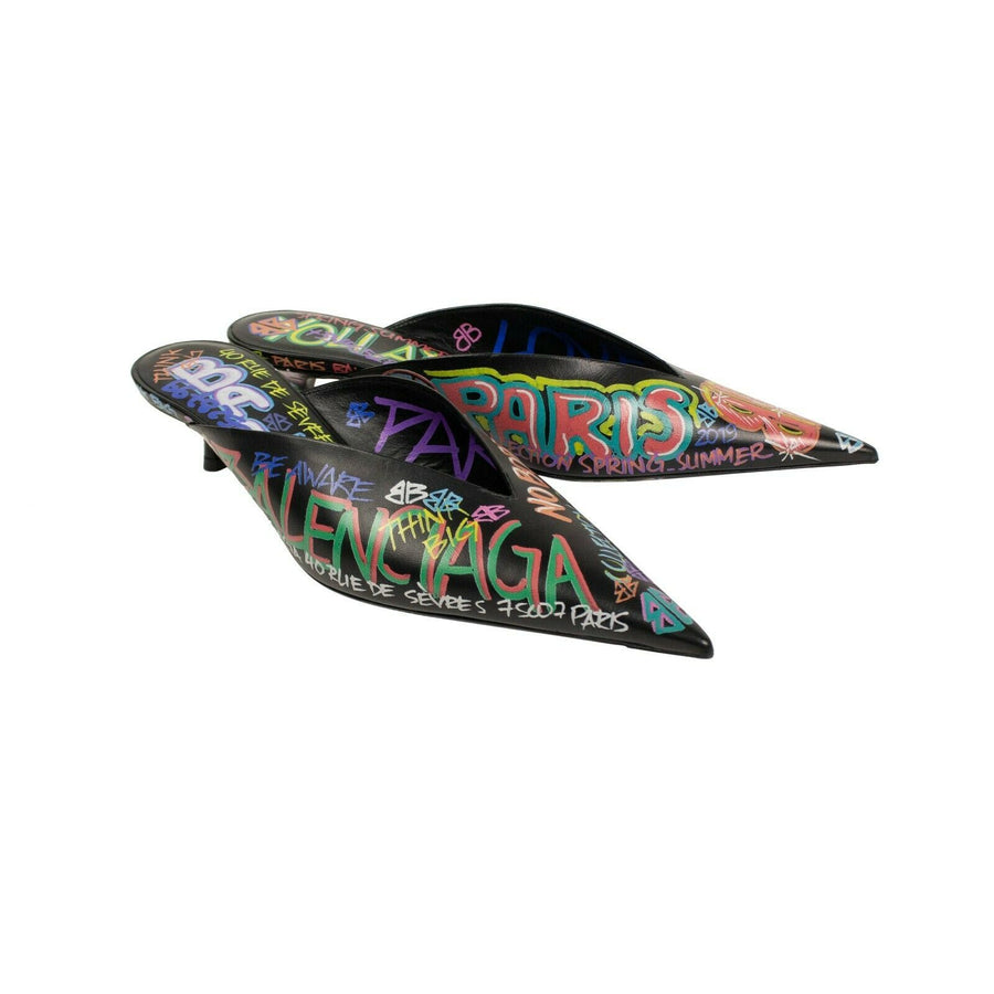 Graffiti Leather Kitten Heels Mules - Multi