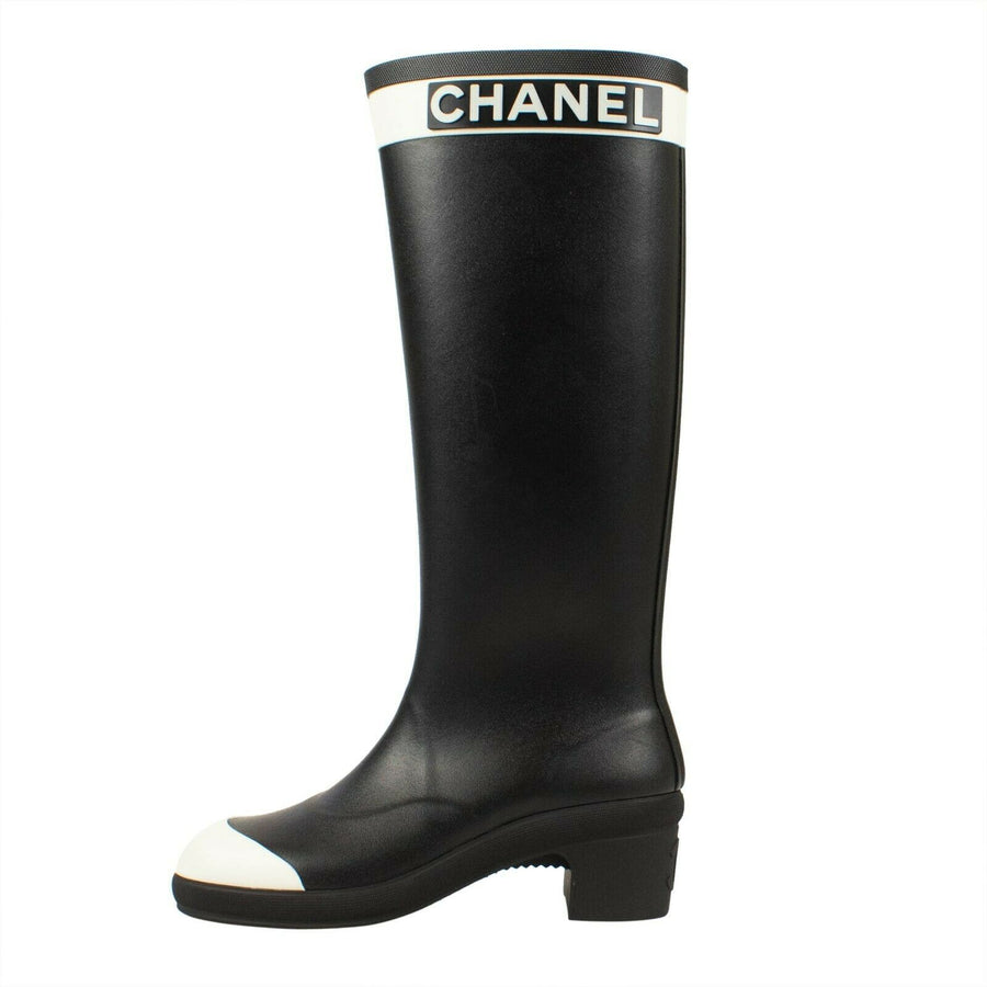 Rubber Logo Tall Rain Boots - Black / White