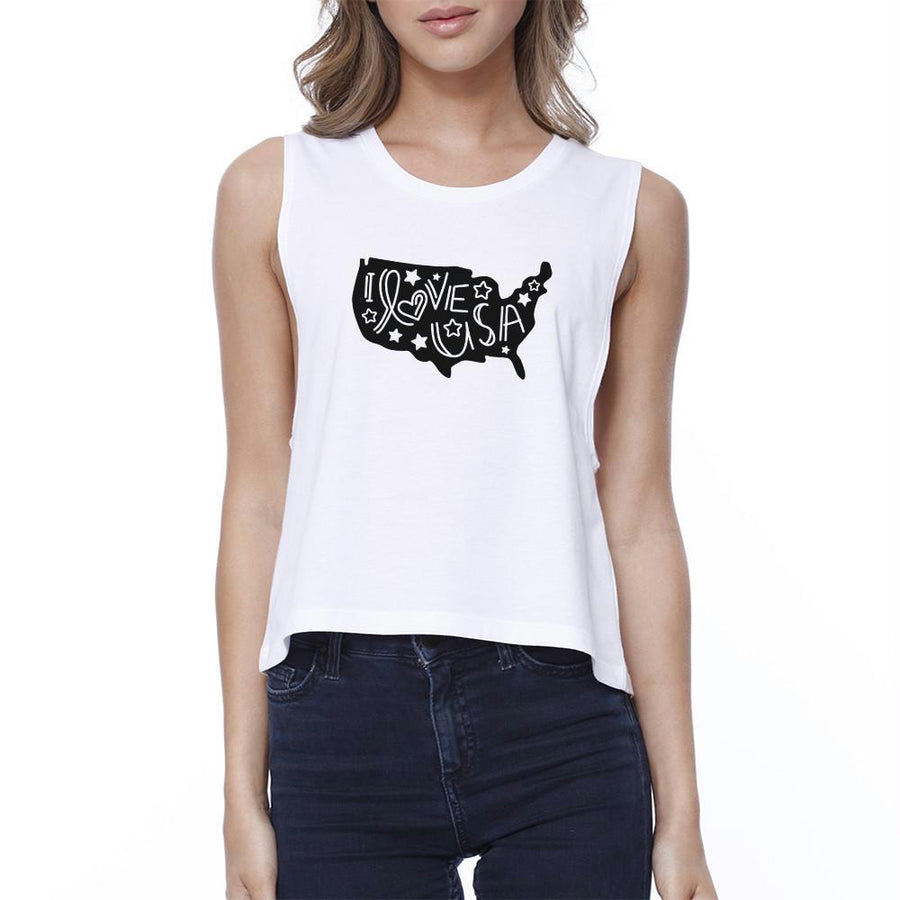 I Love USA Womens White Graphic Crop Tee Unique USA Map Design Tee