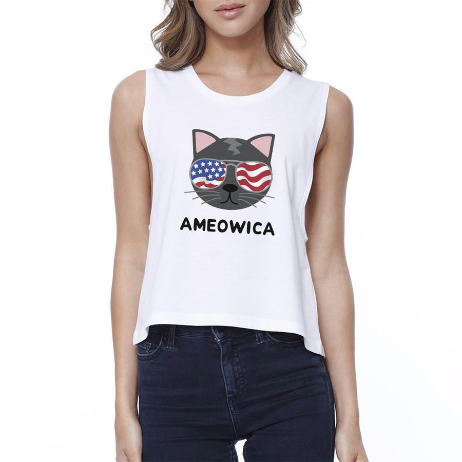 Ameowica Womens White Funny Cat Design Crop Tee For Fourth of July