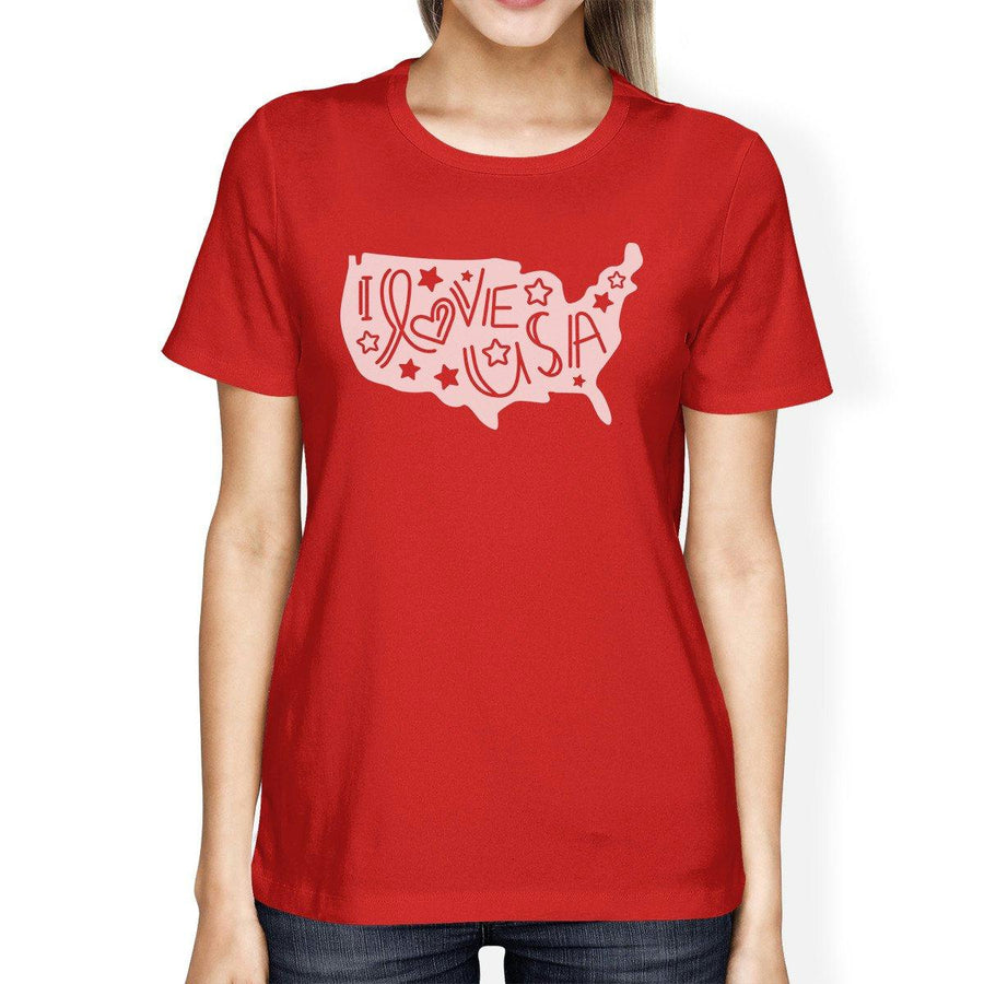 I Love USA Womens Red T-Shirt For Independence Day Cute Design Top