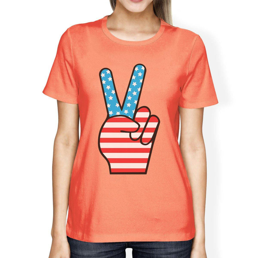 Cute American Flag T-Shirt With Peace Sign For Women Peach Cotton