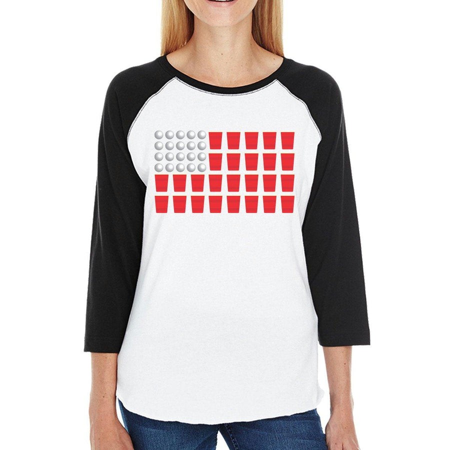 Beer Pong Flag Funny American Flag Womens 3/4 Sleeve Graphic Tee